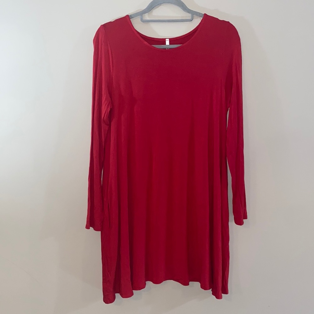 Red Long-sleeve Dress with pockets, Size L